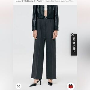 Elegant Worsted Wool Dark Gray Wide-Leg Pants